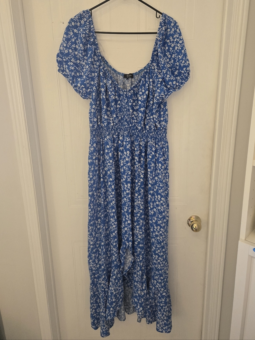 2X Blue Floral Maxi Dress Front Slit Ruffled Hem